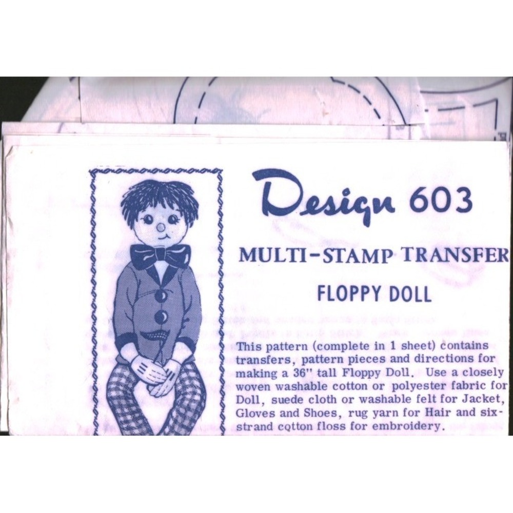 Vintage Design 603 Multi-Stamp Transfer Pattern 36 Inch Floppy Doll Sewing DIY